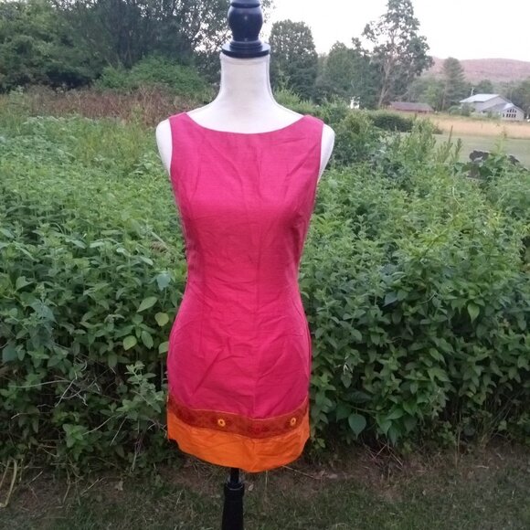Vintage Mica Shift Dress Pink Orange Size 4 Silk - Picture 2 of 7